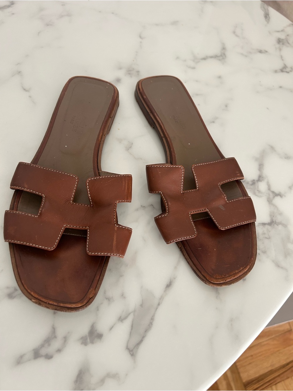 Hermes Brown Oran Leather Slide Sandals